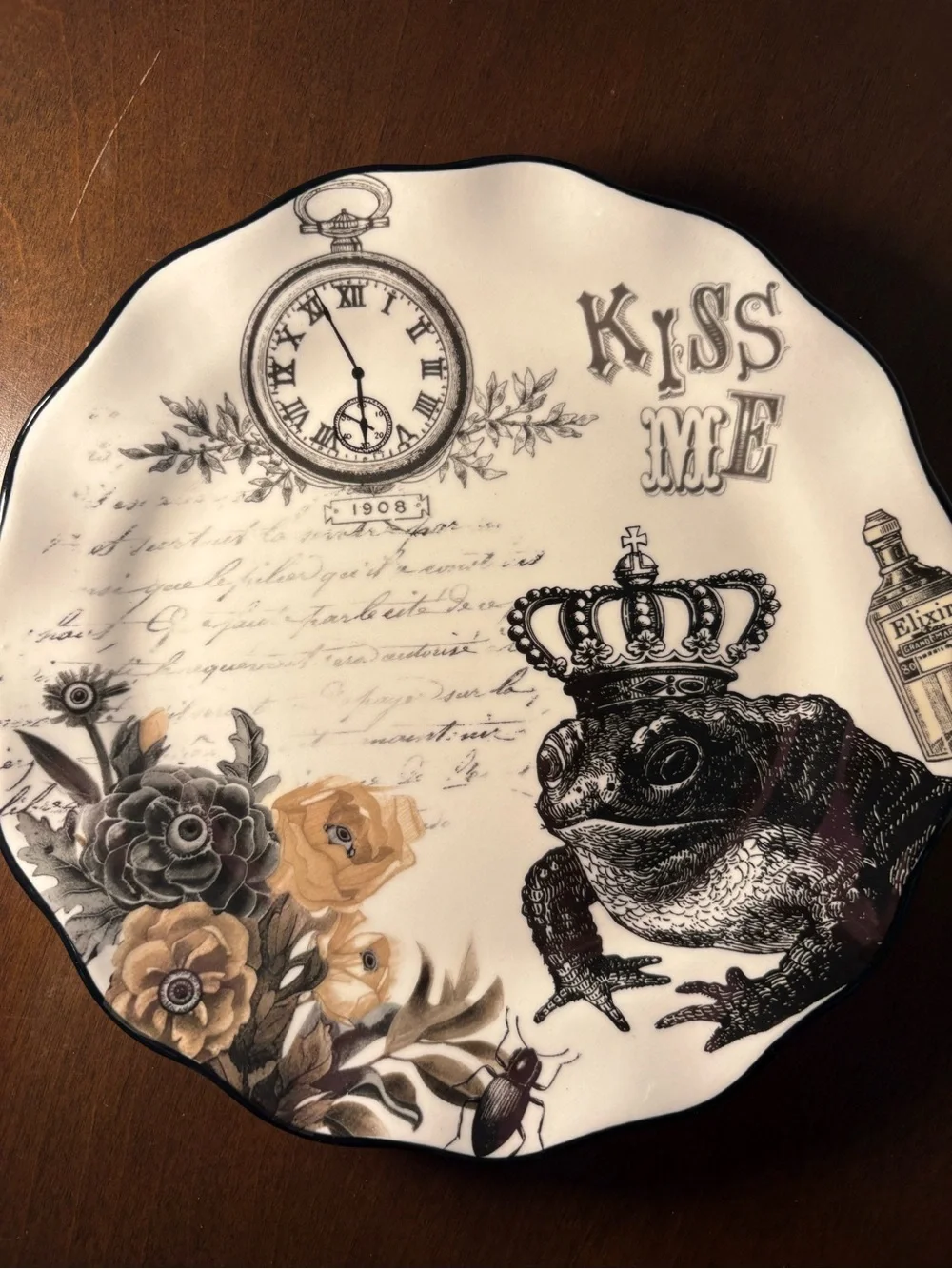 Kiss Me Crowned Frog Decorative Wall Plate - Black, White & Tan